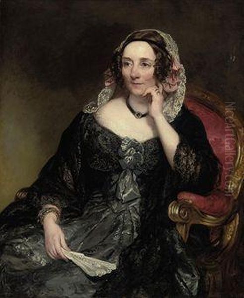 Portrait Of Selina, Lady Fitzwygram, Nee Hayes, Seated In An Armchair, In A Blue Dress With A Black Lace Shawl And Lace Headdress, Holding A Fan - view 1