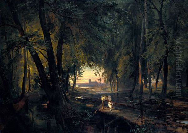 Forest path overlooking a church / Forest path near Spandau - view 1
