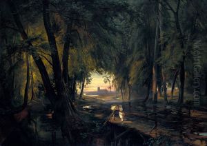 Forest path overlooking a church / Forest path near Spandau by Carl Blechen