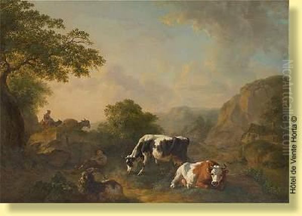 Berger Assoupi, Bergere Et Troupeau Sur Fond De Paysage. - view 1