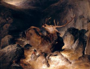 Deer and Deer Hounds in a Mountain Torrent by Sir Edwin Henry Landseer