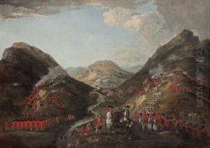 The Battle of Glenshiel 1719. Figures probably include Lord George Murray, c 1700 - 1760; Rob Roy MacGregor, 1671 - 1734; and General Joseph Wightman, d. 1722