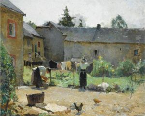 Women Hanging The Laundry Out To Dry In A Courtyard by Evariste Carpentier