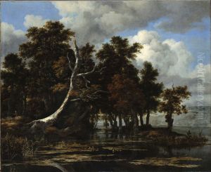 Eiken bij een meertje met waterlelie by Jacob Van Ruisdael