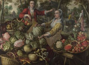 Earth. A Fruit and Vegetable Market with the Flight into Egypt in the Background by Joachim Beuckelaer