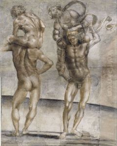 Two nude youths carrying a young woman and a young man
