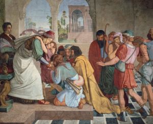 Joseph gibt sich seinen Brudern zu erkennen. Wandgemalde aus dem achtteiligen Zyklus aus der Casa Bartholdy in Rom