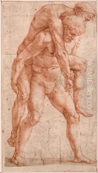 Young Man Carrying an Old Man on His Back - view 1