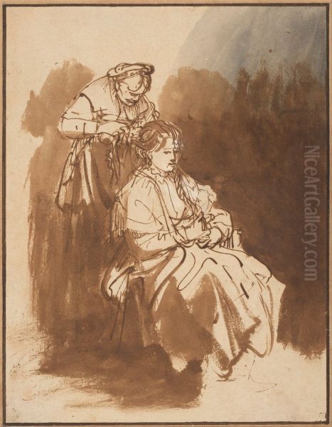 A Young Woman Having Her Hair Braided - view 1