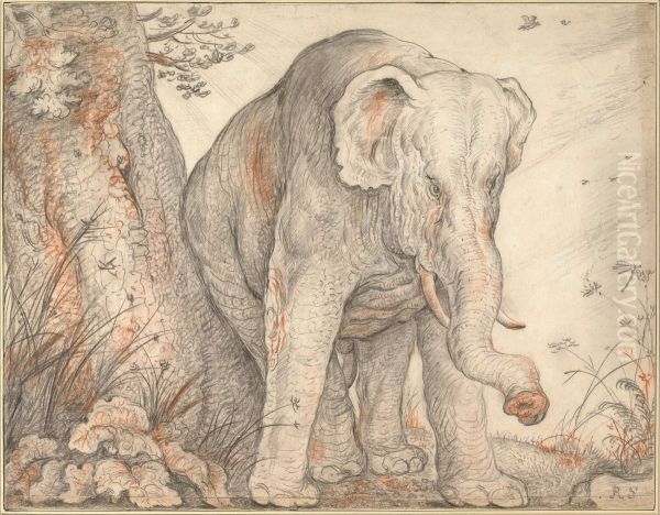 An Elephant Rubbing Itself against a Tree - view 1