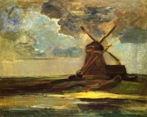 Oostzijdse mill with panoramic sunset and brightly reflected colors by Piet Mondrian