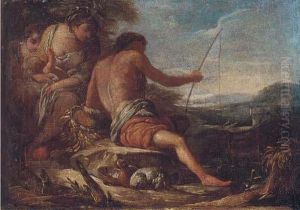 An Italianate Landscape With Figures By A Pool by Giulio Carpione