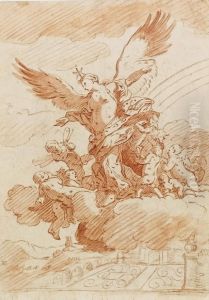 L'aurore Sur Des Nuees Entouree De Putti by Giulio Carpione