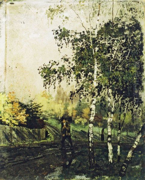 Birch Trees and Man Carrying Twigs - view 1