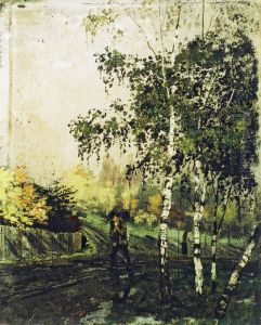Birch Trees and Man Carrying Twigs by Edvard Munch