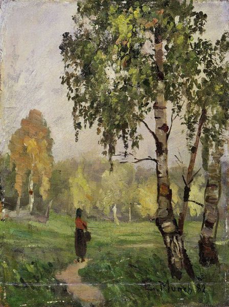 Birch Trees with Woman Walking - view 1