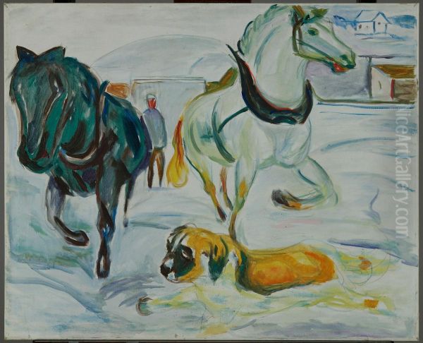 Horse Team and a St. Bernard in the Snow - view 1