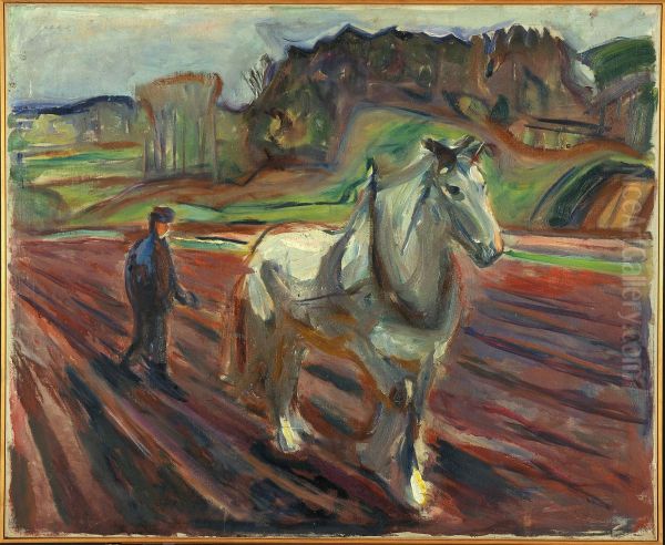Man Ploughing with a White Horse - view 1