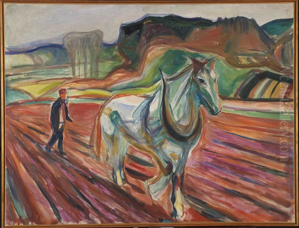Man Ploughing with a White Horse - view 1