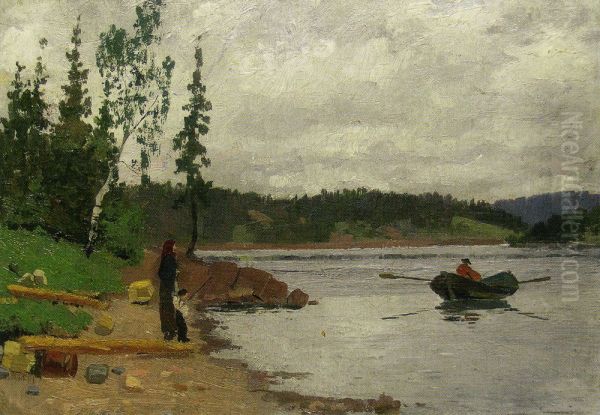 Man Rowing towards Land - view 1