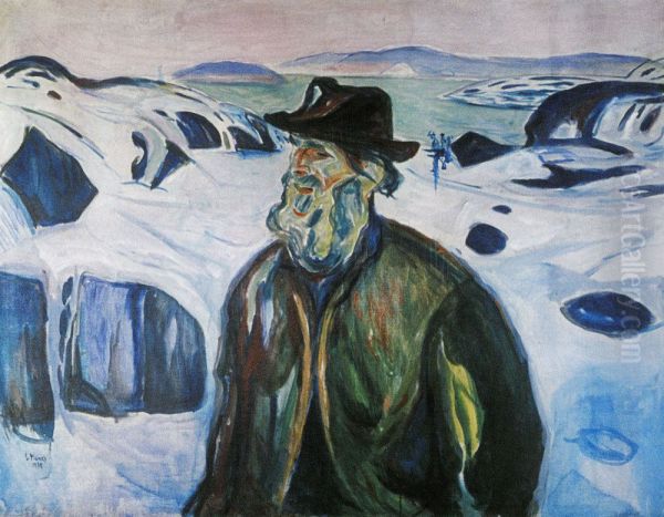 Old Fisherman on Snow-covered Coast - view 1
