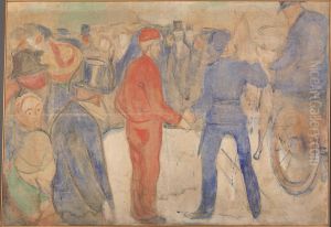People Gathering around a Man in Red by Edvard Munch