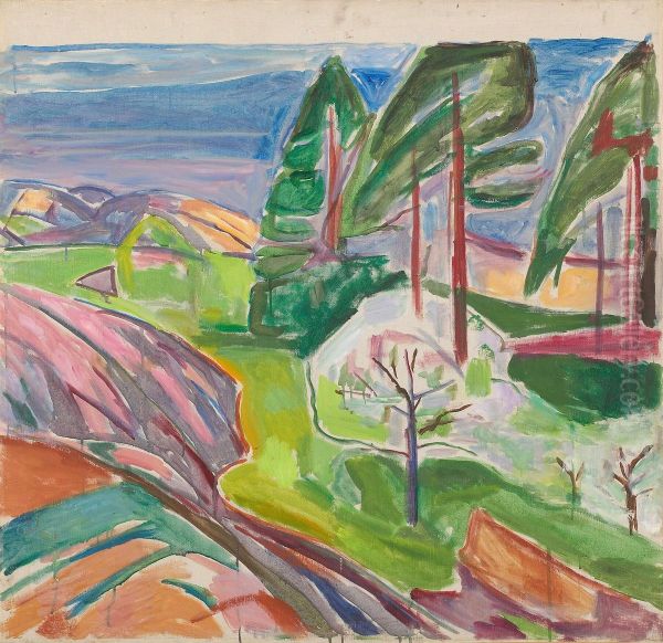 Pine Trees and Fruit Trees in Blossom - view 1