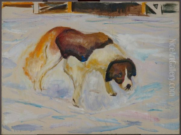 St. Bernard Dog in Snow - view 1