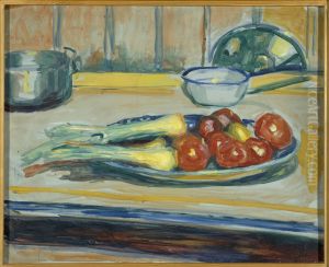 Still Life with Tomatoes, Leek and Casseroles by Edvard Munch