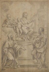 Vierge A L'enfant Avec Saint Joseph Et Deux Pelerins