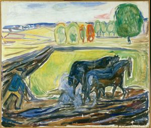 Two Black Horses at the Plough by Edvard Munch