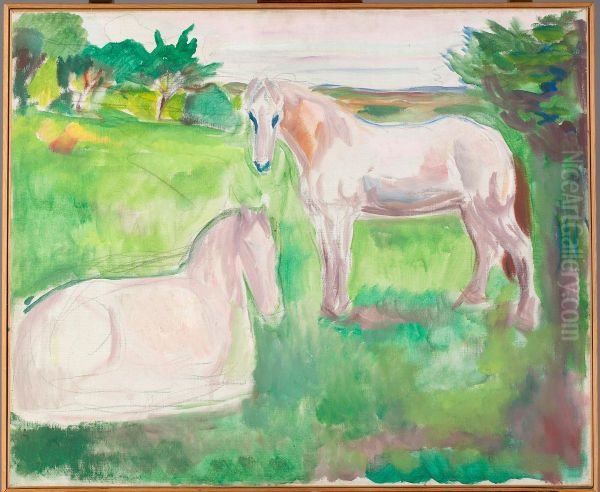 Two White Horses in a Green Meadow - view 1