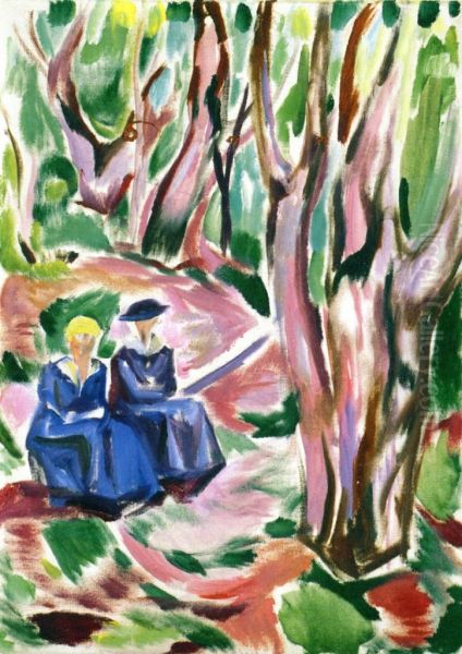 Two women in the woods at Ekely - view 1