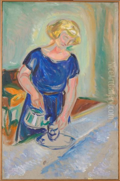 Woman in a Blue Dress Pouring Coffee - view 1