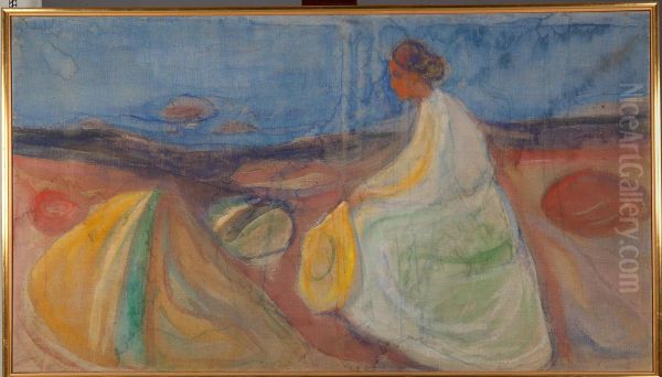 Woman in White Sitting on the Beach - view 1