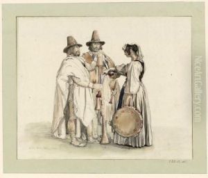 Young woman with a tambourine serving wine by Guillaume Bodinier