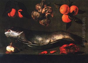 Nature morte au poisson avec crabe, crevettes, oignons et oranges