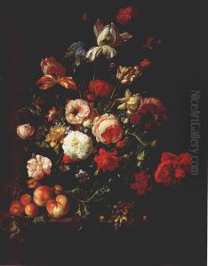 Flowers in a glass vase, with fruit, on a marble ledge by Rachel Ruysch