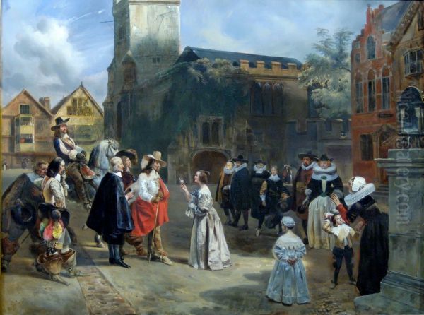 Charles I receiving a rose from a young girl when about to be brought as a prisoner to Carisbrooke Castle, where he will soon be condemned and executed - view 1