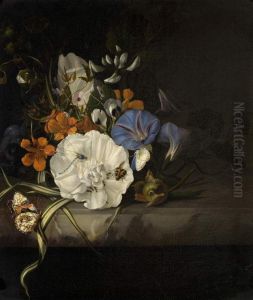 Posy of flowers, with insects and butterflies, on a marble ledge by Rachel Ruysch