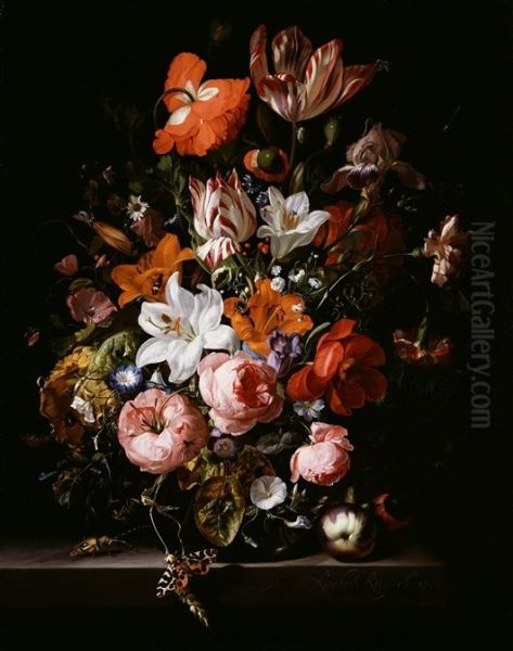 Flowers in a glass vase on a marble ledge - view 1