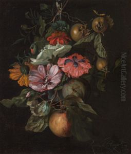 Festoon of flowers hanging on a nail by Rachel Ruysch