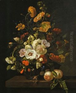 Flowers in a glass vase, with insects and peaches, on a marble ledge by Rachel Ruysch