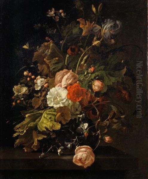 Flowers in a glass vase, on a stone table - view 1