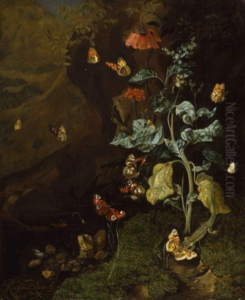 Still life with flowers, butterflies and a lizard in a dell - view 1