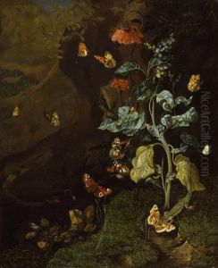 Still life with flowers, butterflies and a lizard in a dell by Rachel Ruysch