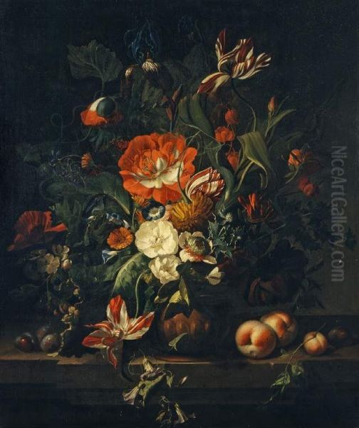 Flowers in a terracotta vase, and fruit, on a stone parapet - view 1