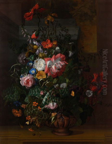 Roses, Convolvulus, Poppies, and Other Flowers in an Urn on a Stone Ledge - view 1