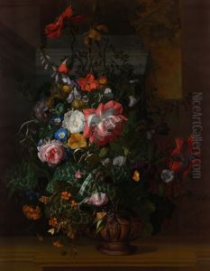 Roses, Convolvulus, Poppies, and Other Flowers in an Urn on a Stone Ledge by Rachel Ruysch