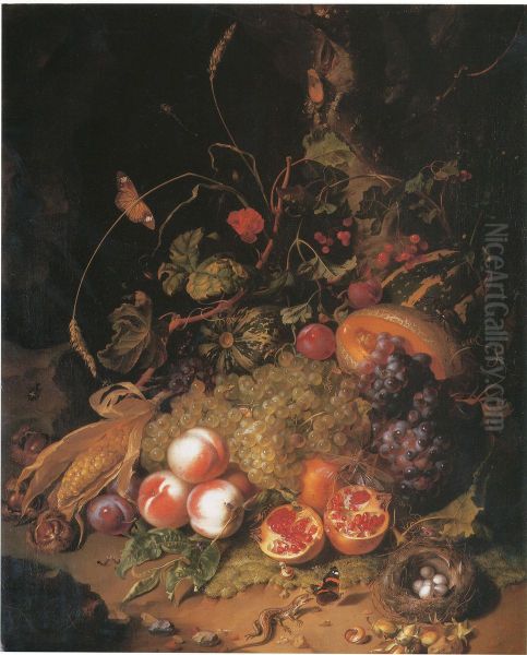 Stilleven van vruchten, met insecten en een vogelnest op een ondergrond van mos met kiezelstenen, 1710 gedateerd - view 1